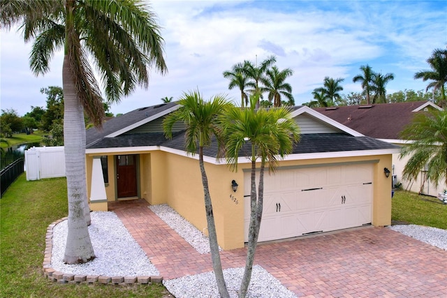 4826 San Ortebello Dr, Bradenton, FL 34208 - ranch-style home featuring stucco siding, an attached garage, roof with shingles, and decorative driveway
