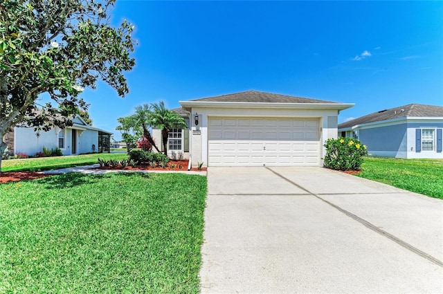 ranch-style home featuring stucco siding, concrete driveway, a front lawn, and a garage