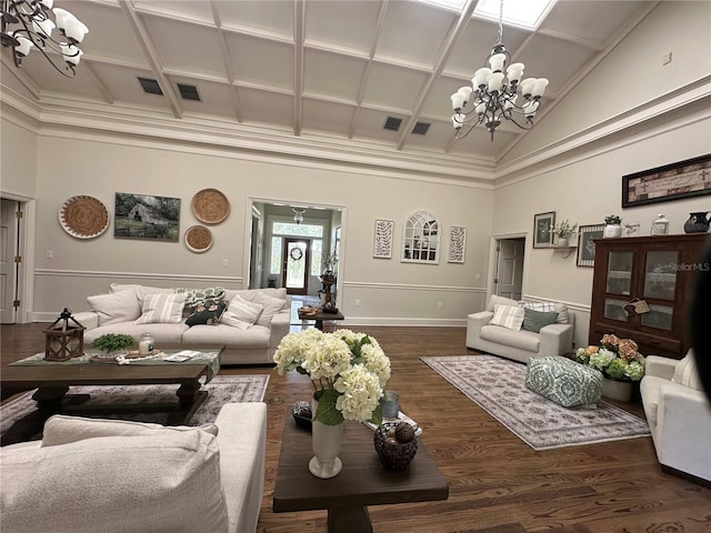 708 E Main St, Wauchula, FL 33873 - living area with a notable chandelier, coffered ceiling, baseboards, high vaulted ceiling, and dark wood-type flooring