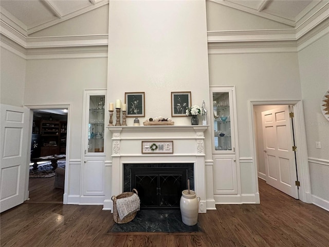 708 E Main St, Wauchula, FL 33873 - living area featuring high vaulted ceiling, a fireplace with flush hearth, and dark wood-type flooring