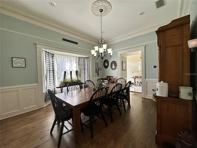 708 E Main St, Wauchula, FL 33873 - dining area featuring a decorative wall, a chandelier, visible vents, and a wainscoted wall