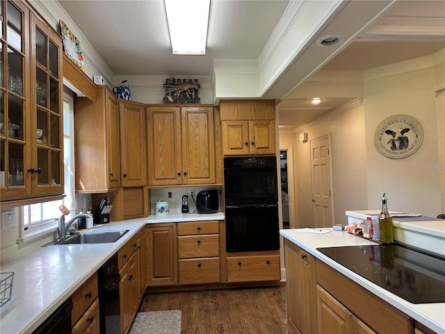 708 E Main St, Wauchula, FL 33873 - kitchen featuring a sink, brown cabinetry, black appliances, ornamental molding, and dark wood-style floors