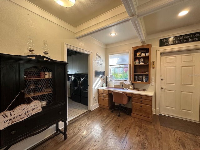708 E Main St, Wauchula, FL 33873 - office with coffered ceiling, ornamental molding, washing machine and clothes dryer, beamed ceiling, and dark wood-style floors