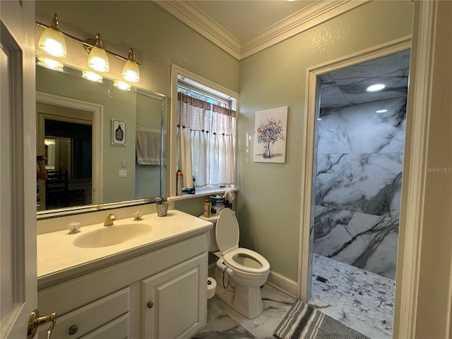 708 E Main St, Wauchula, FL 33873 - bathroom featuring toilet, marble finish floor, vanity, crown molding, and a marble finish shower