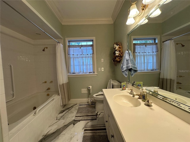 708 E Main St, Wauchula, FL 33873 - bathroom featuring marble finish floor, vanity, shower / tub combo with curtain, ornamental molding, and baseboards