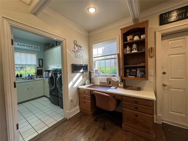 708 E Main St, Wauchula, FL 33873 - office with washer and dryer, a sink, crown molding, a textured ceiling, and dark wood finished floors