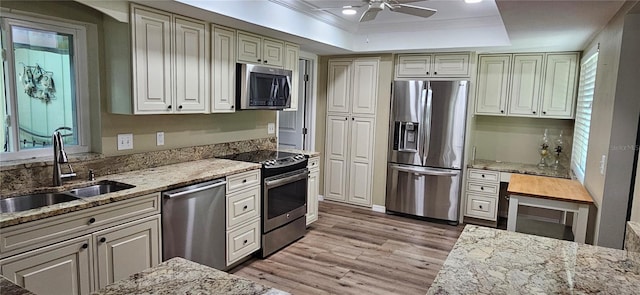 kitchen featuring a sink, stainless steel appliances, light wood-type flooring, a ceiling fan, and a tray ceiling