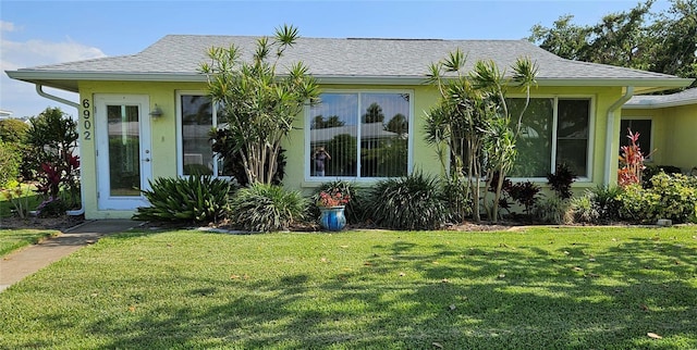 back of house featuring stucco siding, roof with shingles, and a lawn