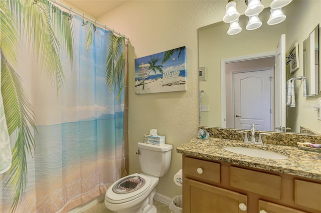 12315 Canavese Ln, Venice, FL 34293 - bathroom with a chandelier, toilet, vanity, a textured wall, and a shower with curtain