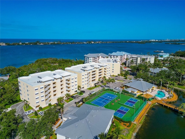 aerial view featuring a water view