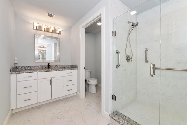 bathroom featuring visible vents, marble finish floor, toilet, baseboards, and a shower stall