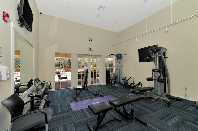 workout area featuring carpet floors, visible vents, french doors, and a healthy amount of sunlight