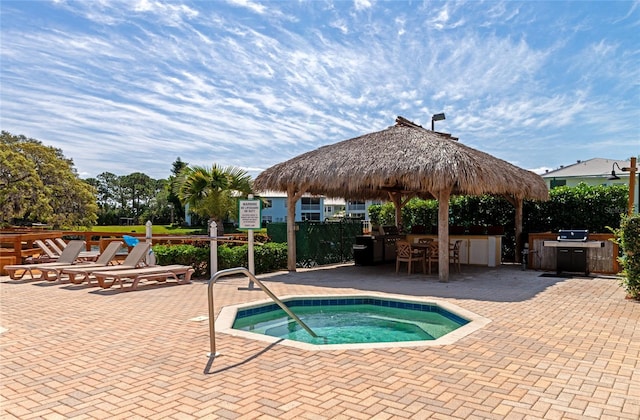 view of pool with a patio, a hot tub, and outdoor dry bar