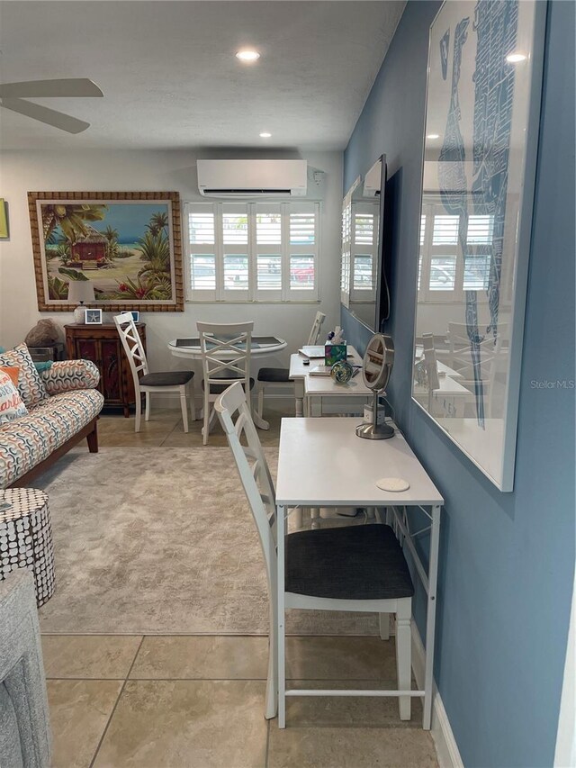 dining room featuring recessed lighting, tile patterned flooring, ceiling fan, and a wall mounted AC