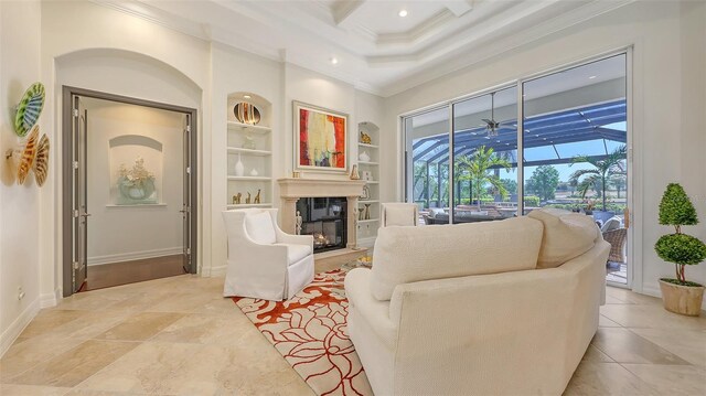 living room with crown molding, built in features, recessed lighting, baseboards, and coffered ceiling