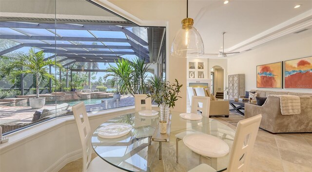 interior space with visible vents, arched walkways, recessed lighting, and built in shelves