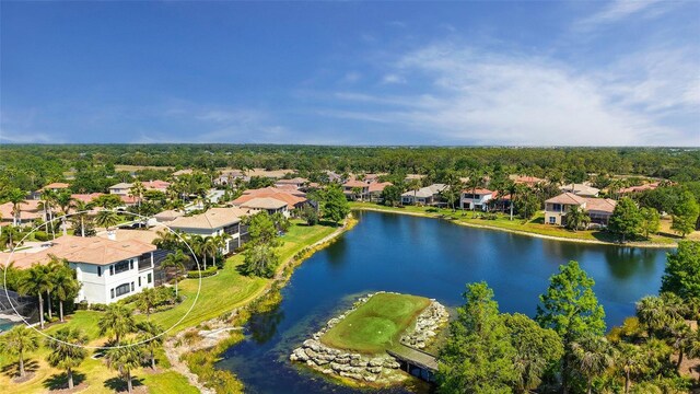birds eye view of property featuring a water view and a residential view