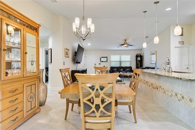 dining room with light tile patterned floors, a chandelier, a ceiling fan, recessed lighting, and baseboards