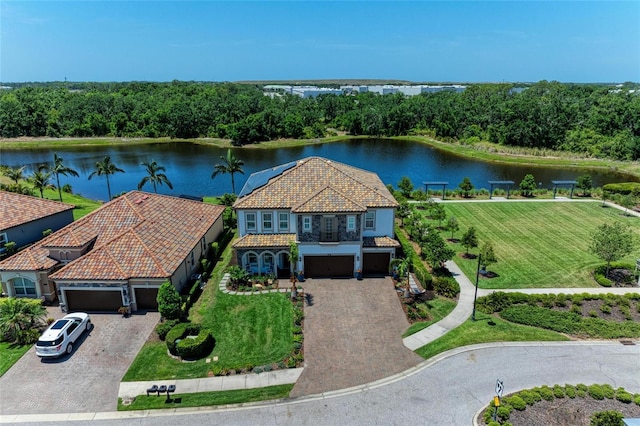 drone / aerial view with a water view