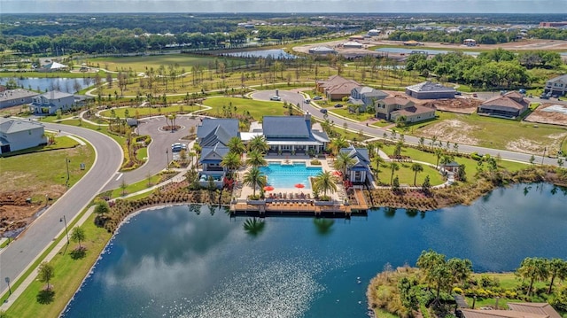 drone / aerial view with a water view
