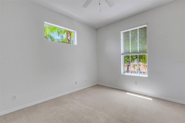 carpeted empty room with a ceiling fan and baseboards
