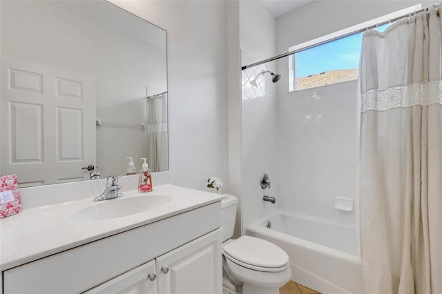 bathroom with toilet, shower / tub combo with curtain, and vanity