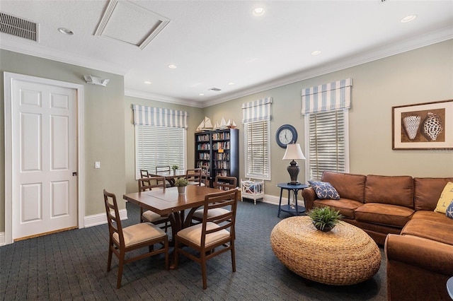dining room featuring dark carpet, recessed lighting, baseboards, and crown molding