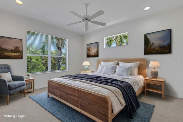 carpeted bedroom with baseboards, recessed lighting, and ceiling fan
