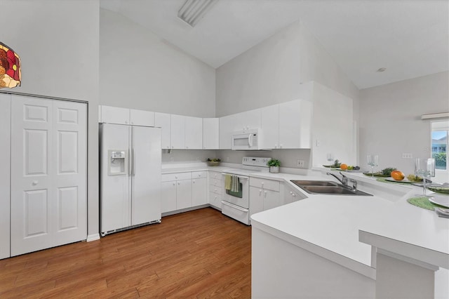 3007 Live Oak Ln, Palmetto, FL 34221 - kitchen with white appliances, high vaulted ceiling, a peninsula, light countertops, and a sink
