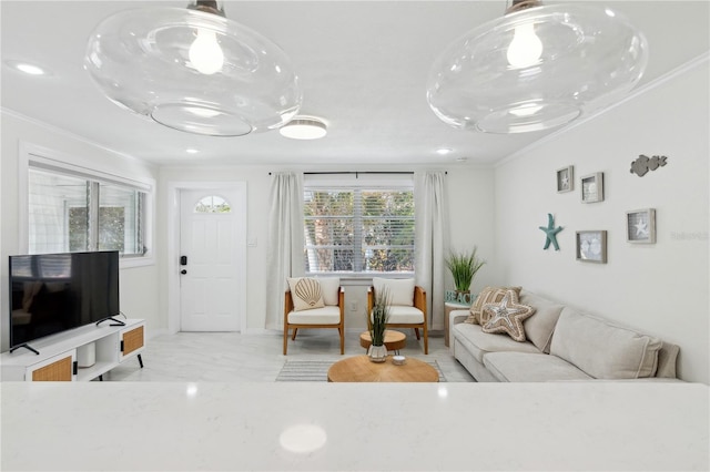 578-580 Companion Way, Longboat Key, FL 34228 - living room with recessed lighting, ornamental molding, and marble finish floor