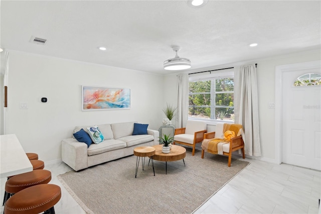 578-580 Companion Way, Longboat Key, FL 34228 - living room with baseboards, visible vents, crown molding, and recessed lighting