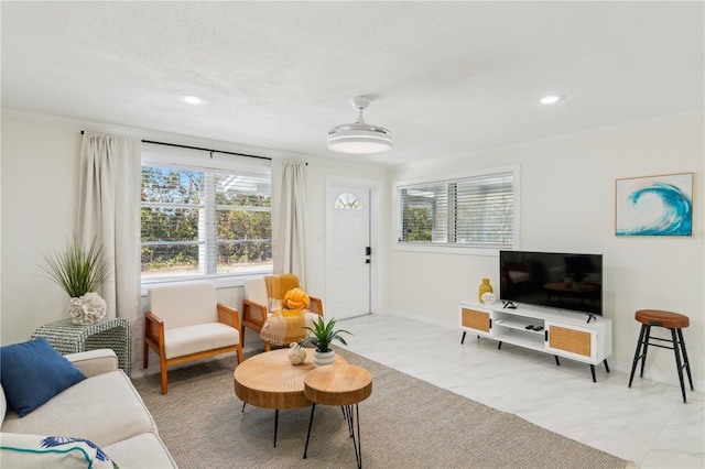 578-580 Companion Way, Longboat Key, FL 34228 - living room featuring baseboards, recessed lighting, and crown molding