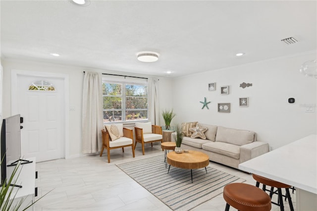 578-580 Companion Way, Longboat Key, FL 34228 - living area featuring visible vents, recessed lighting, ornamental molding, and marble finish floor