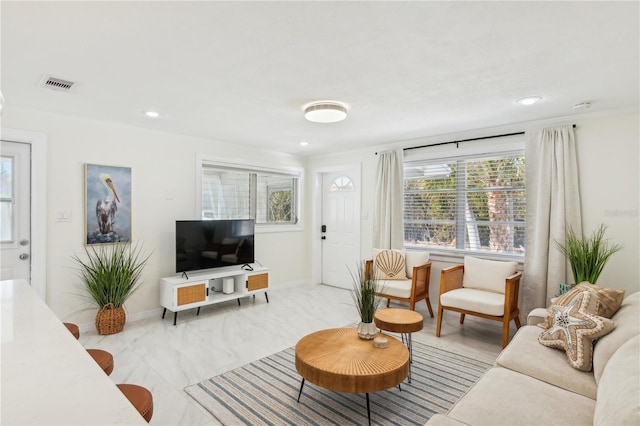 578-580 Companion Way, Longboat Key, FL 34228 - living area with crown molding, recessed lighting, marble finish floor, and visible vents