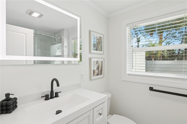 578-580 Companion Way, Longboat Key, FL 34228 - full bath featuring vanity, toilet, a stall shower, crown molding, and visible vents