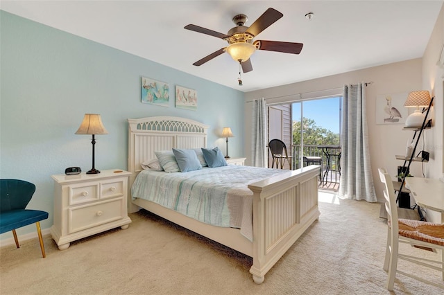 bedroom with light carpet, baseboards, a ceiling fan, and access to exterior