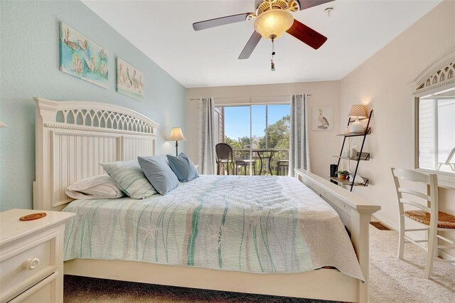 bedroom featuring carpet, a ceiling fan, and access to exterior