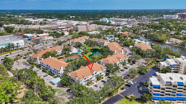 bird's eye view with a water view