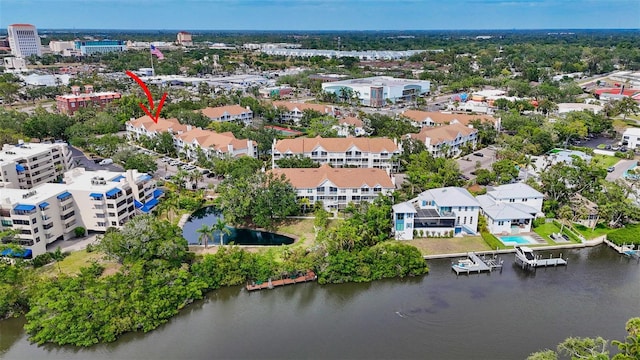 birds eye view of property featuring a water view