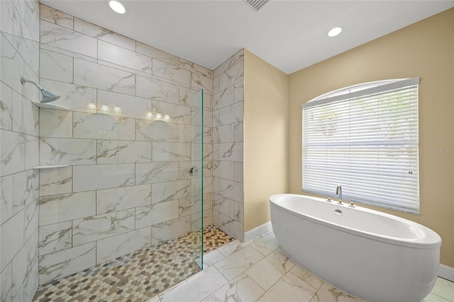 9106 Yarberry St, Sarasota, FL 34240 - full bathroom with walk in shower, a freestanding bath, marble finish floor, and recessed lighting