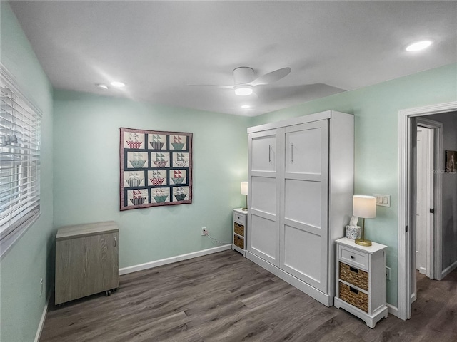 bedroom with recessed lighting, a ceiling fan, baseboards, and dark wood-type flooring
