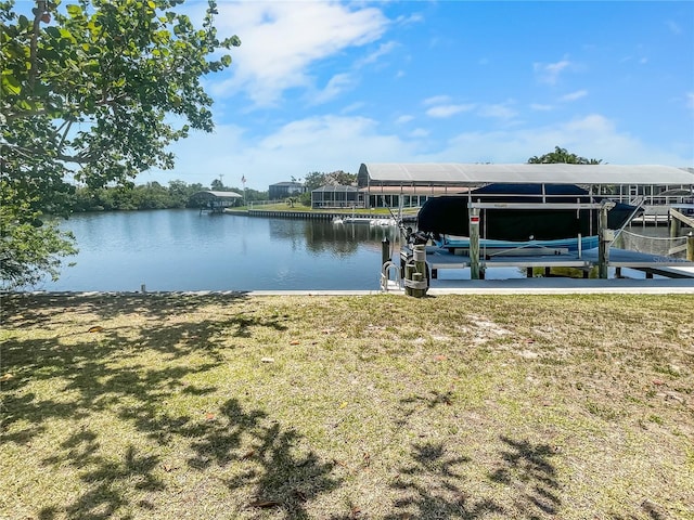 view of dock with a lawn, a water view, and boat lift