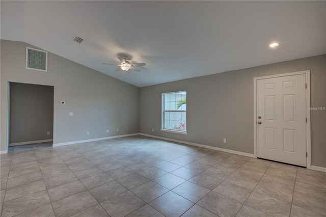 25 Sabot Ct, Placida, FL 33946 - spare room featuring light tile patterned flooring, ceiling fan, visible vents, baseboards, and lofted ceiling