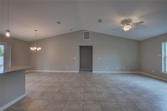 25 Sabot Ct, Placida, FL 33946 - empty room featuring visible vents, ceiling fan with notable chandelier, and lofted ceiling