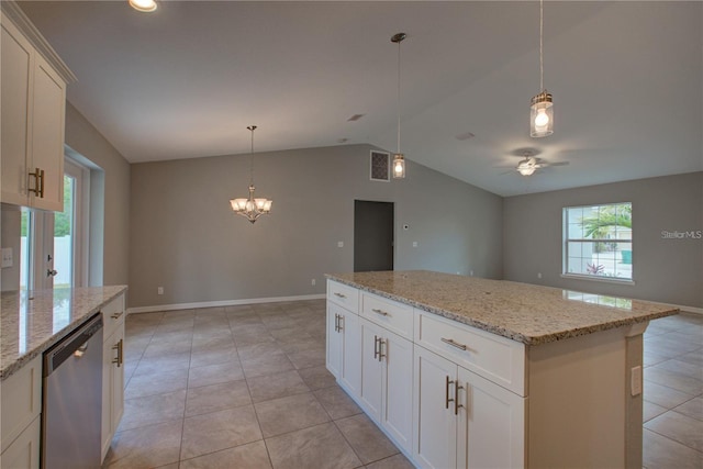 25 Sabot Ct, Placida, FL 33946 - kitchen with visible vents, stainless steel dishwasher, lofted ceiling, and plenty of natural light