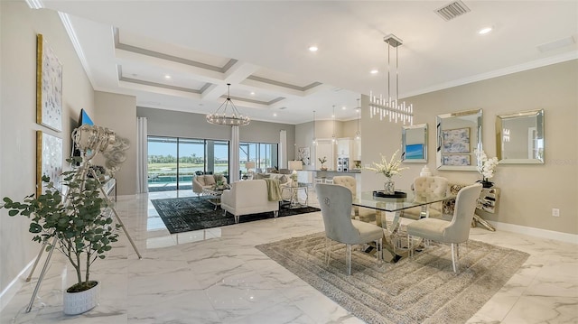 7889 Mainsail Ln, Sarasota, FL 34240 - dining area with marble tiled floors, baseboards, ornamental molding, recessed lighting, and a chandelier
