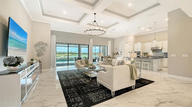 7889 Mainsail Ln, Sarasota, FL 34240 - living area with light marble finish flooring, a high ceiling, baseboards, a chandelier, and beamed ceiling