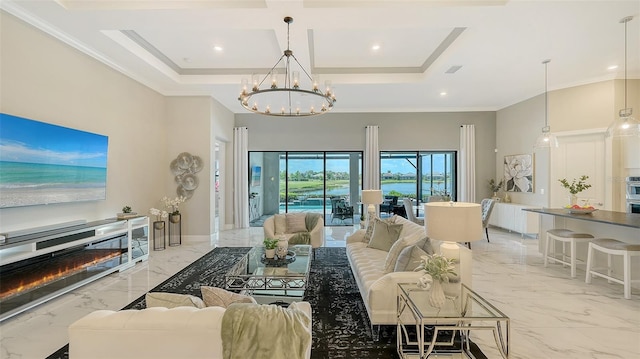 7889 Mainsail Ln, Sarasota, FL 34240 - living area with light marble finish floors, a chandelier, recessed lighting, ornamental molding, and coffered ceiling