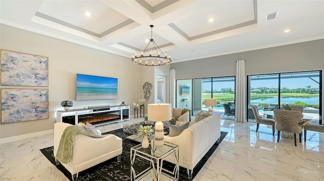 7889 Mainsail Ln, Sarasota, FL 34240 - living area with light marble finish floors, a chandelier, baseboards, crown molding, and beam ceiling