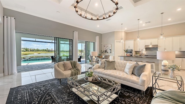 7889 Mainsail Ln, Sarasota, FL 34240 - living area featuring a chandelier, recessed lighting, and ornamental molding